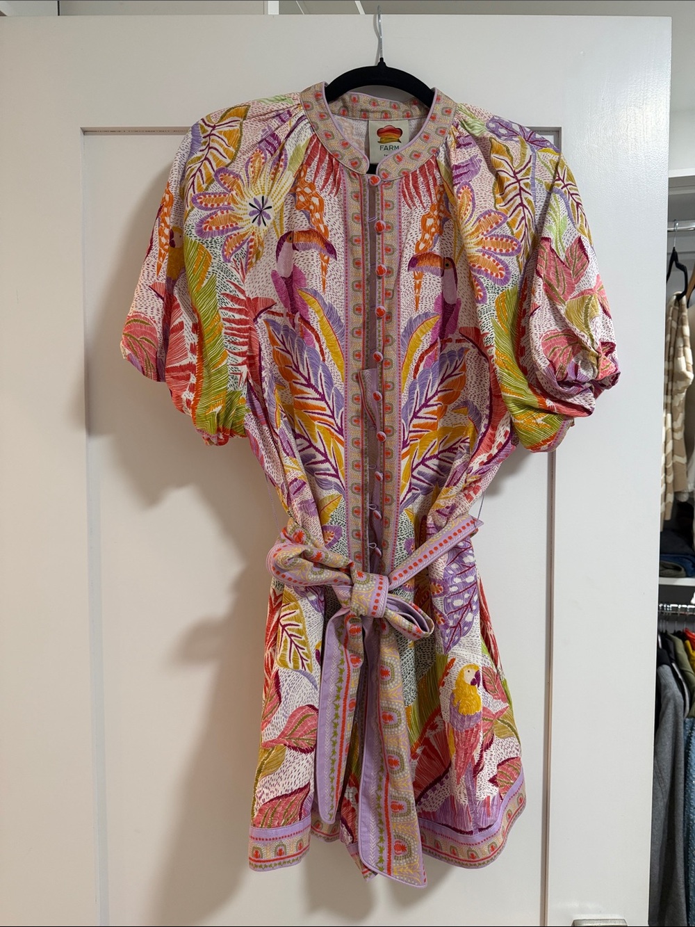 FARM Rio Pink Purple Yellow Multicolor Puff-Sleeve Belted Mini Dress